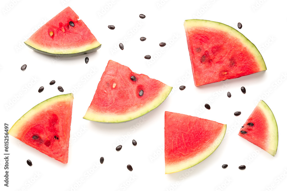 Pieces of fresh watermelon with seeds on white background