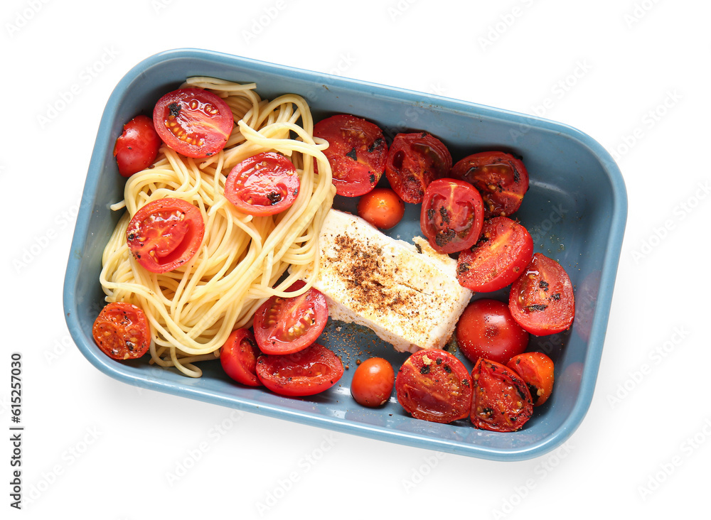 Baking dish of tasty pasta with tomatoes and feta cheese isolated on white background