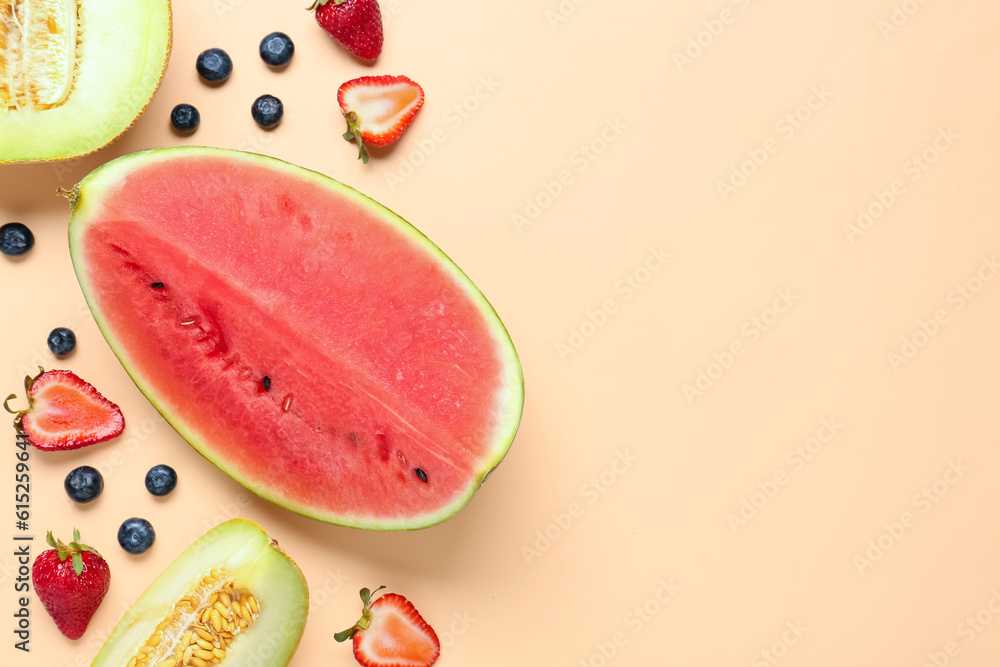 Piece of fresh watermelon and different berries on orange background