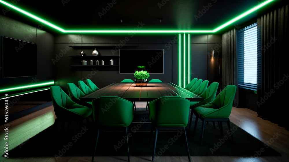 Interior of modern dining room with neon lights and green armchairs. Generative AI.