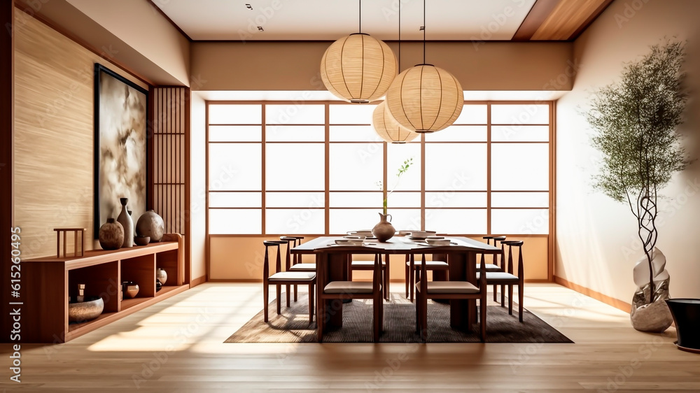 Interior of modern dining room with wooden furniture. Japanese design style. Generative AI.