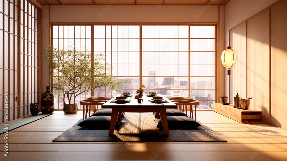 Interior of Japanese style dining room with wooden floor. Generative AI.