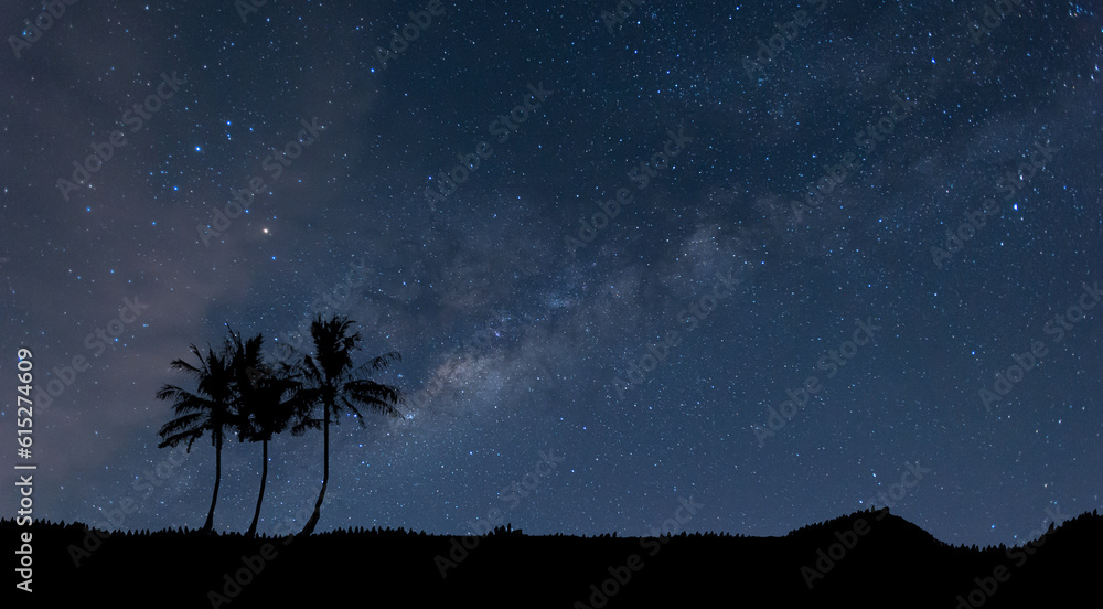 Blue night panorama, milky way sky and stars on a dark background,starry universe, nebula and galaxi