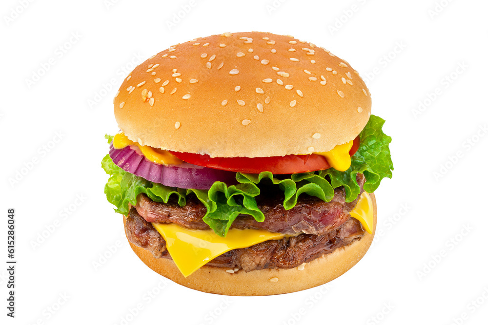 Classic beef cheese burger isolated on white background.