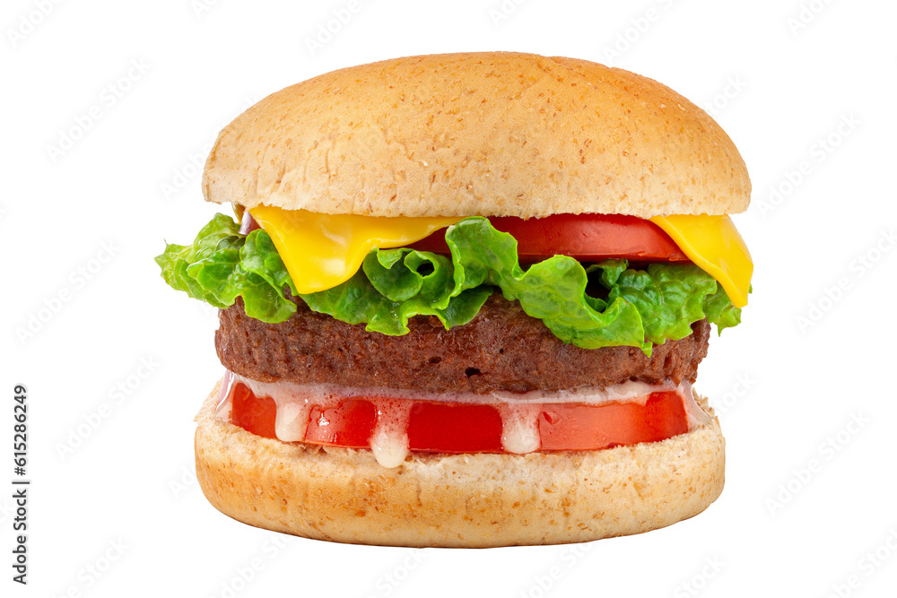 plant-based meat burger made with vegetarian ingredients on white background.