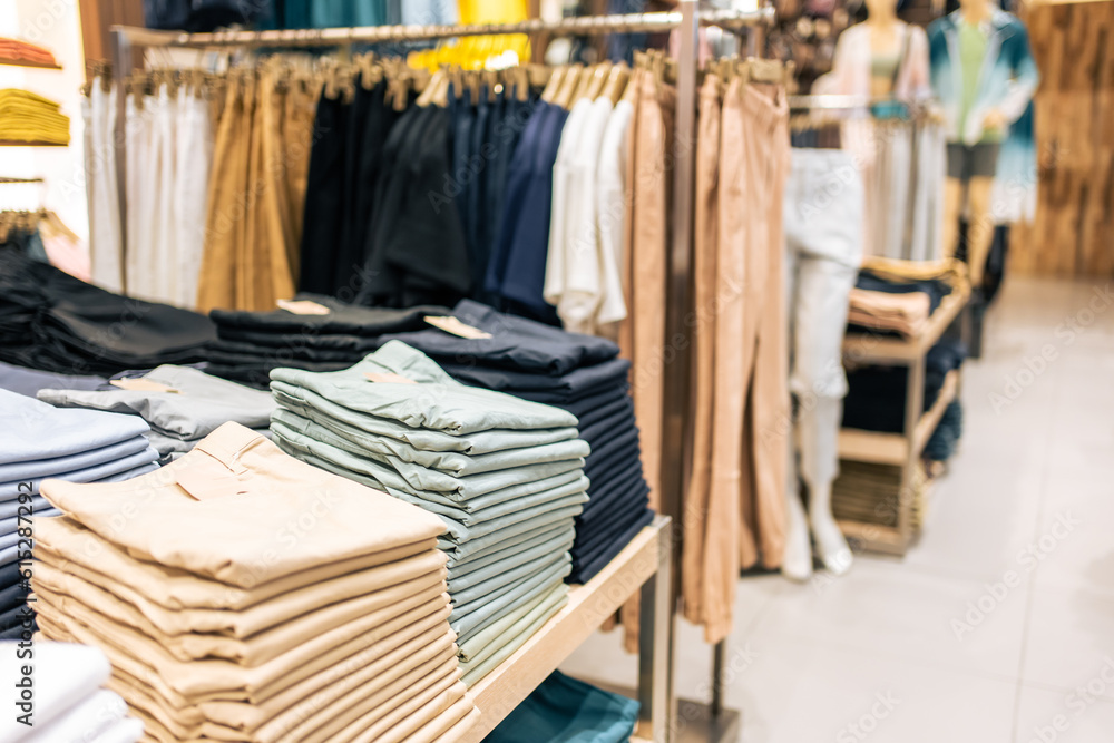 Shot of modern fashionable clothing store interior in shopping mall. 