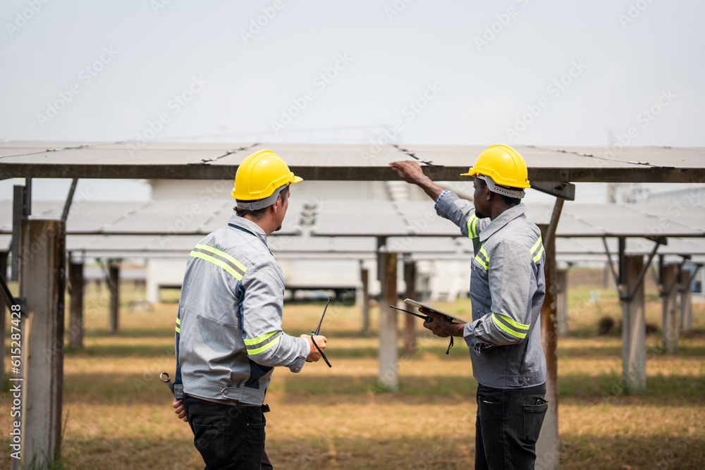 Professional engineer work to maintenance of photovoltaic panel system. 