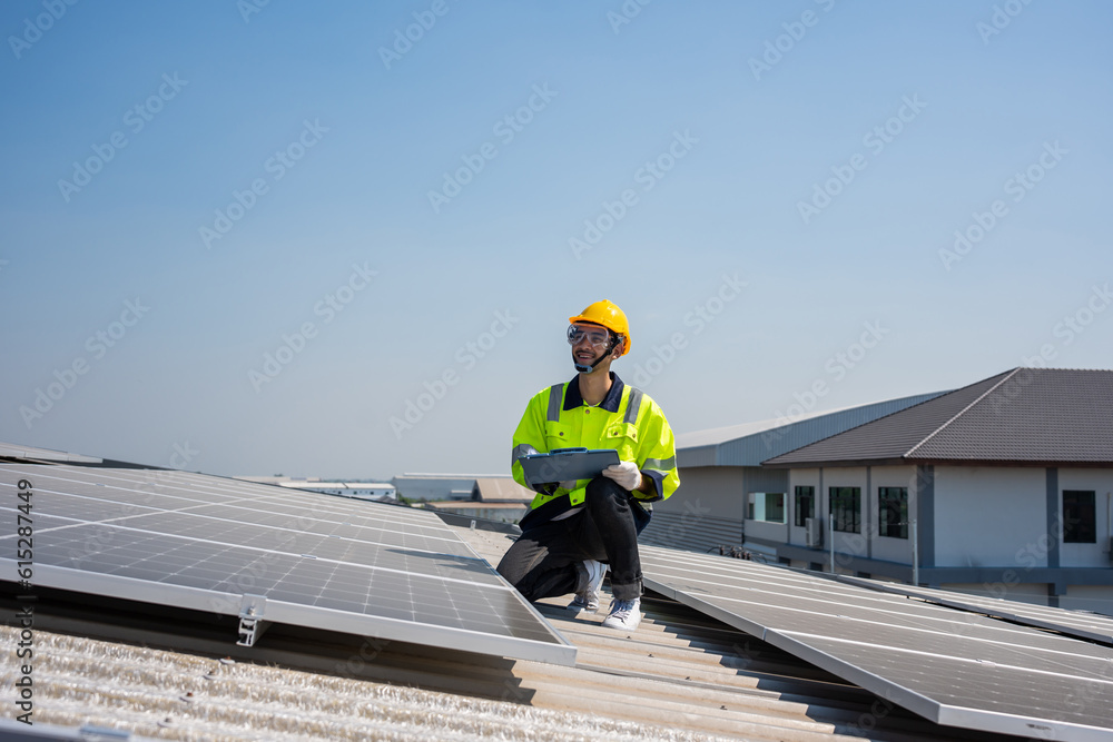 Professional engineer work to maintenance of photovoltaic panel system. 