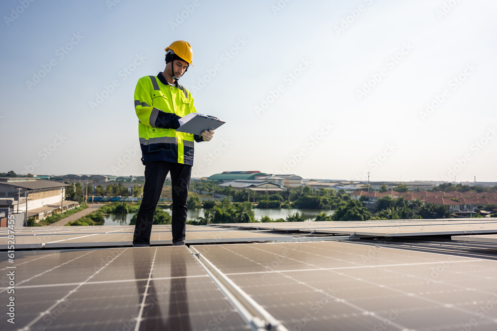 Professional engineer work to maintenance of photovoltaic panel system. 