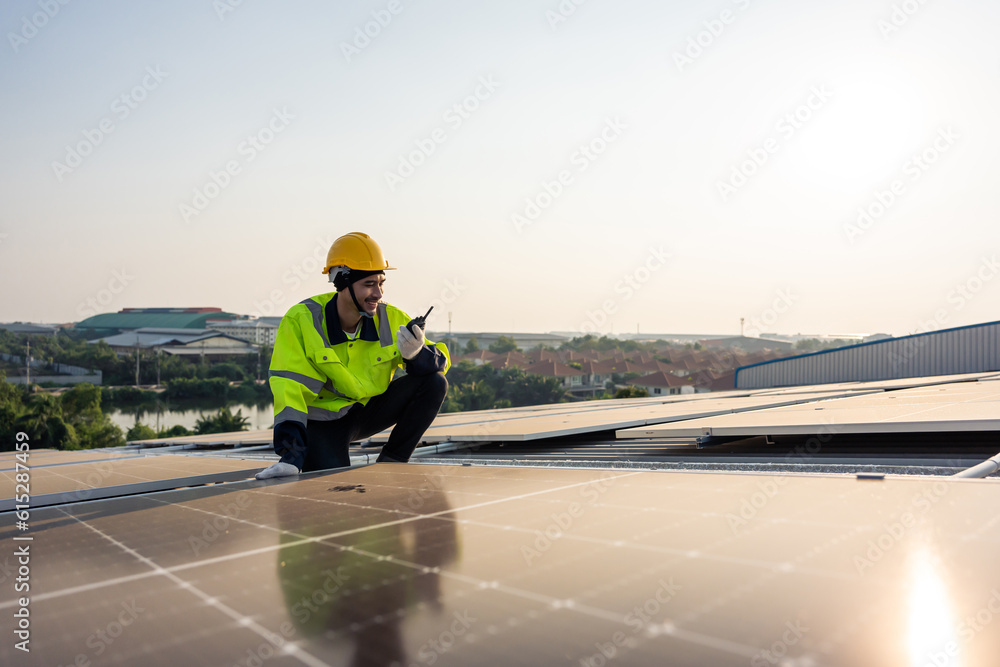 Professional engineer work to maintenance of photovoltaic panel system. 