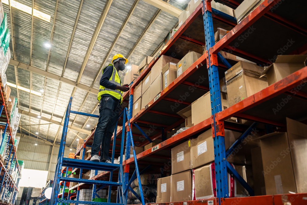 African American man industry worker working alone in factory warehouse. 