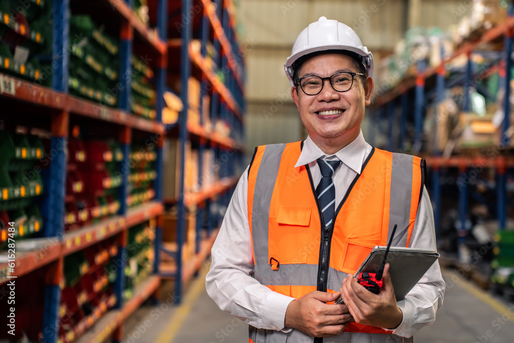 Portrait of Asian man industrial worker working in manufacturing plant. 