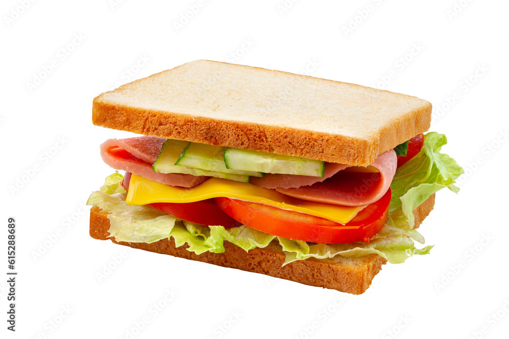 ham sandwich with salad on white background.