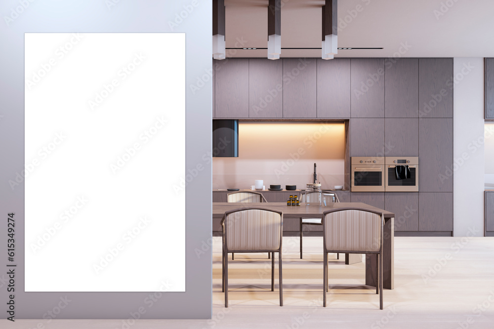 Front view of light grey wall with white poster on a modern kitchen interior background with wooden 