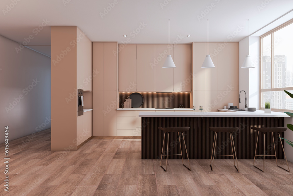 Front view of spacious empty modern kitchen interior with wooden floor and beige and white walls. 3D