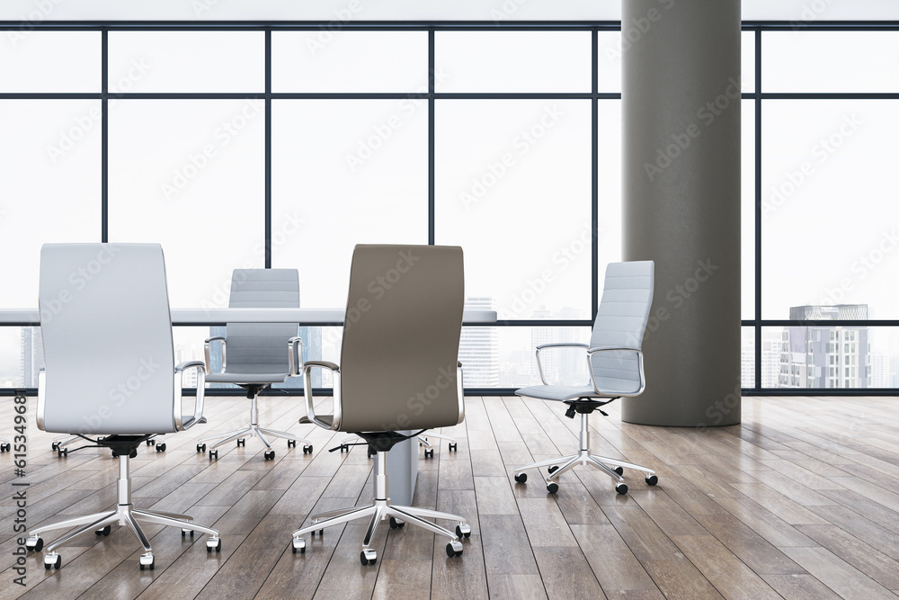 Contemporary spacious meeting room interior with white chairs, wooden parquet flooring and panoramic