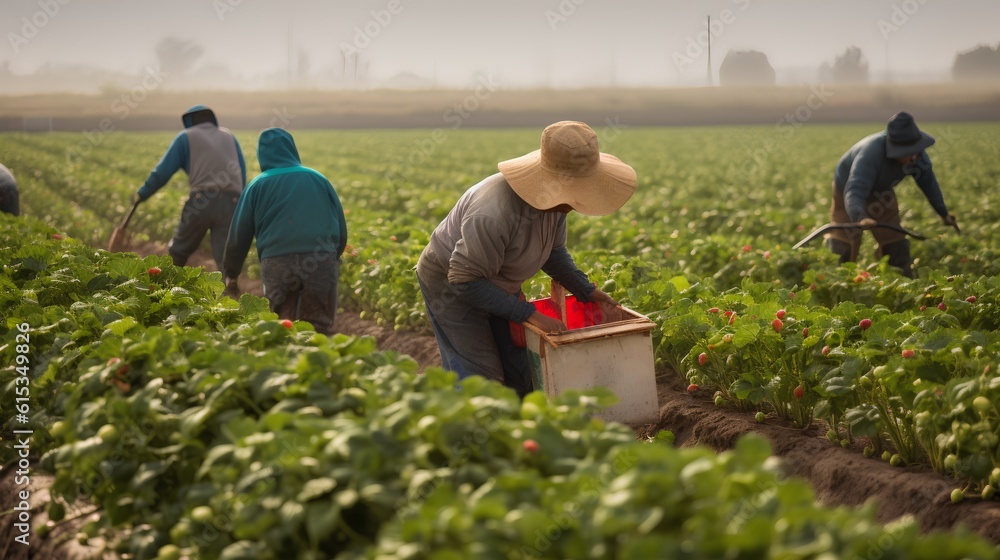 Farmworkers laboring in the field. Significance of manual labor in the agricultural sector, focusing