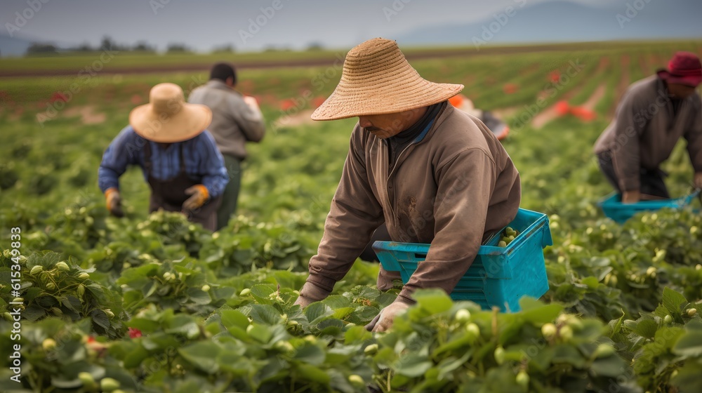 Farmworkers laboring in the field. Significance of manual labor in the agricultural sector, focusing