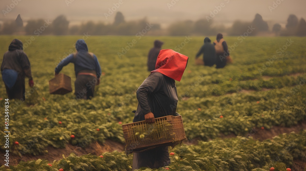 Farmworkers laboring in the field. Significance of manual labor in the agricultural sector, focusing