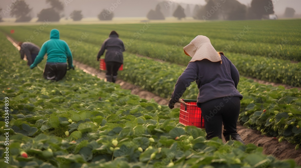 Farmworkers laboring in the field. Significance of manual labor in the agricultural sector, focusing