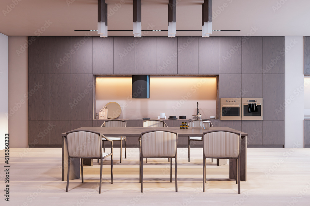 Front view of modern kitchen interior design with wooden dining table with chairs, white and grey wa