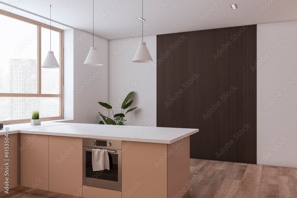 Closeup view of spacious empty modern kitchen interior with wooden floor and beige and white walls. 