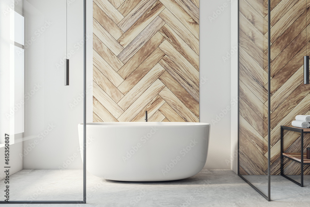 Front view of modern loft bathroom interior design with concrete grey floor, white and wooden walls 