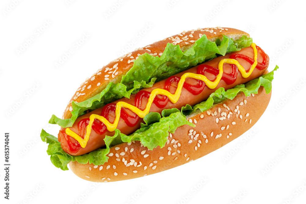 hotdog with grilled sausage and lettuce isolated on white background.