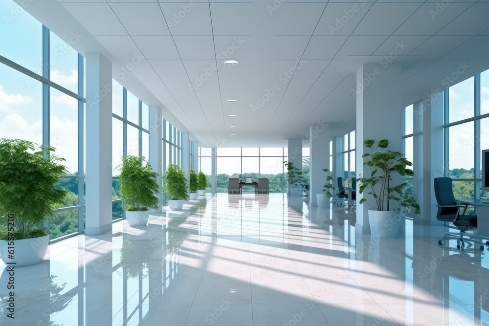 Beautiful modern spacious office hall with panoramic windows and pleasant natural.