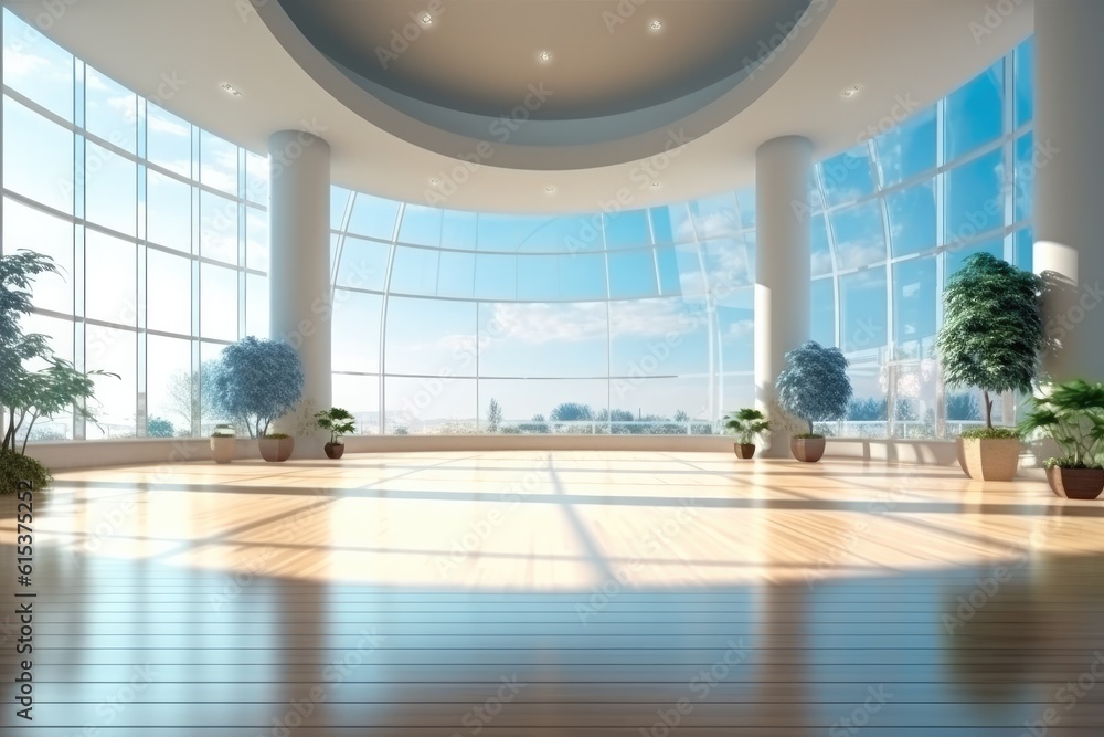 Modern spacious empty light hall room with big windows.