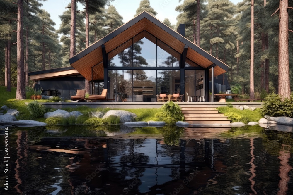 Modern exterior of a luxury villa in a minimal style in forest, Luxury glamping.