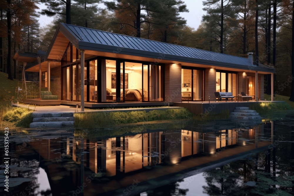 Modern exterior of a luxury villa in a minimal style in forest, Luxury glamping.