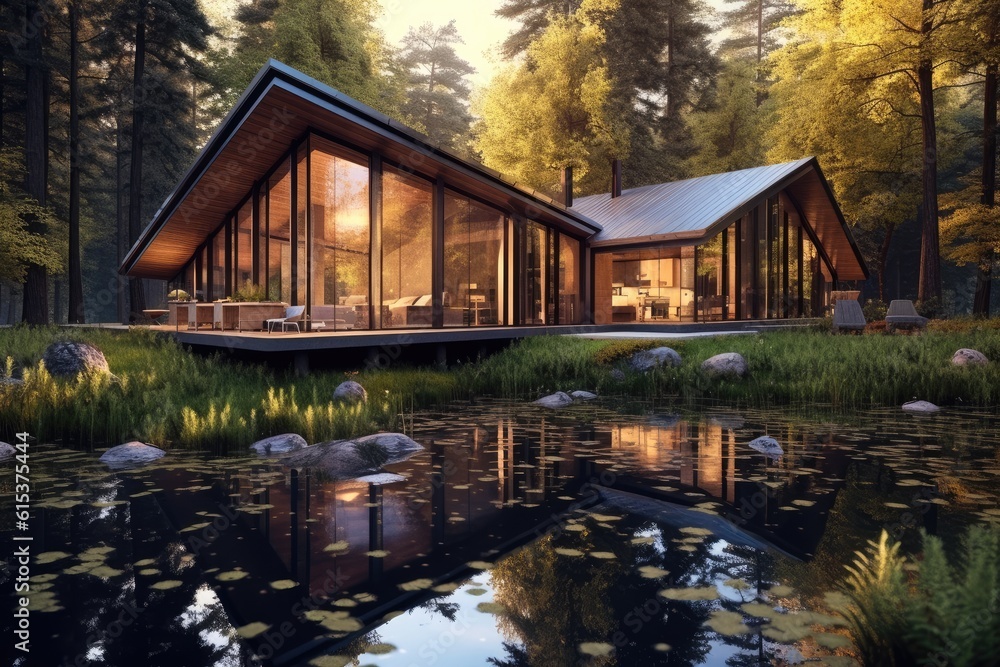 Modern exterior of a luxury villa in a minimal style in forest, Luxury glamping.