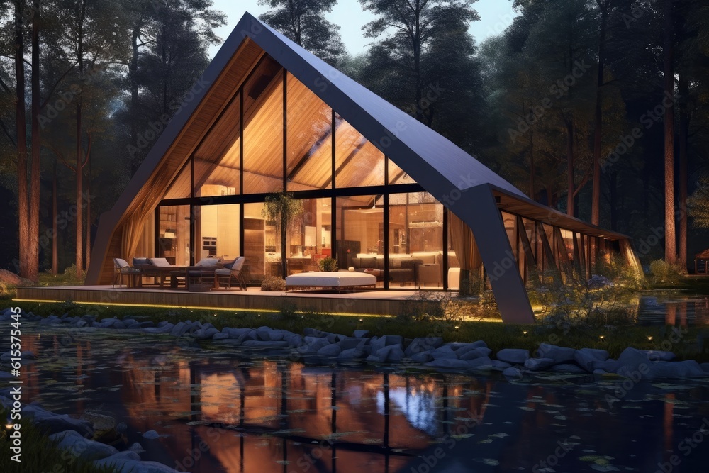 Beautiful modern wooden cottage villa by a lake surrounded by trees in the mountains, Minimal style.