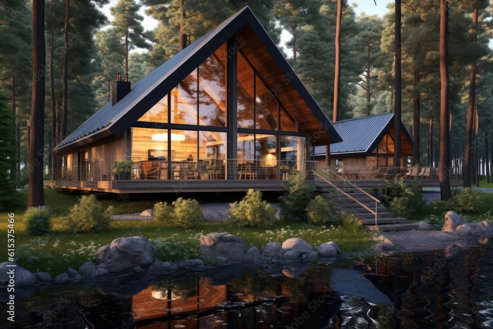 Beautiful modern wooden cottage villa by a lake surrounded by trees in the mountains, Minimal style.