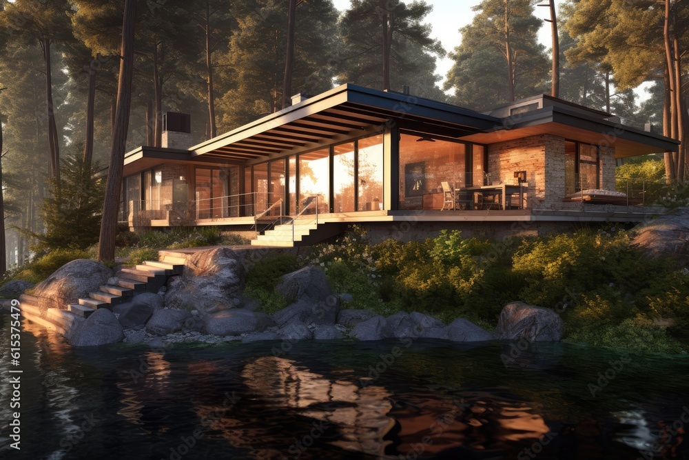 Beautiful modern wooden cottage villa by a lake surrounded by trees in the mountains, Minimal style.