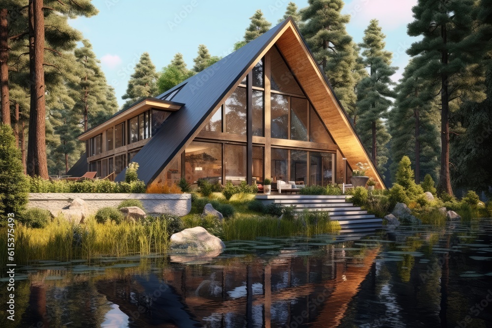 Modern exterior of a luxury villa in a minimal style in forest, Luxury glamping.