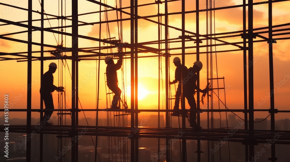 Building workers working on a building under a sunset, Builders at the construction site.