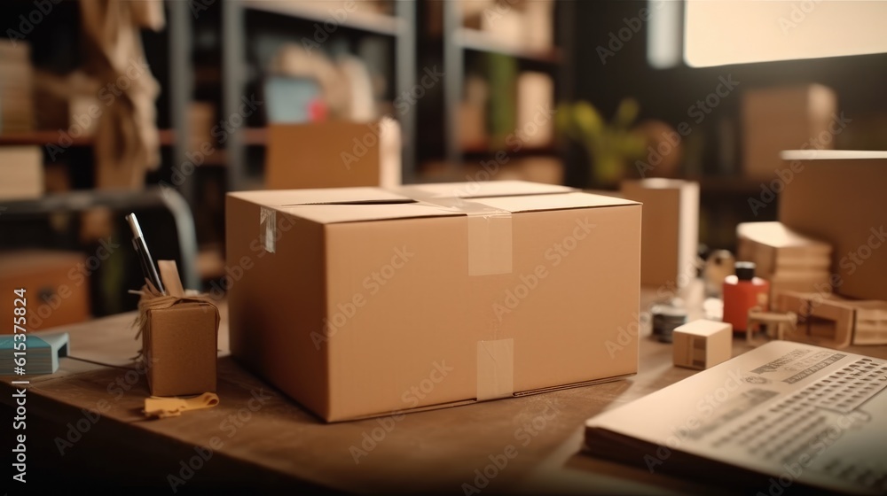 Packing accessories at workplace of startup small business owner, cardboard parcel box for online se