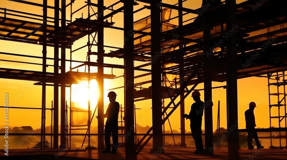 Silhouette group of construction worker are working working on scaffolding in building under constru