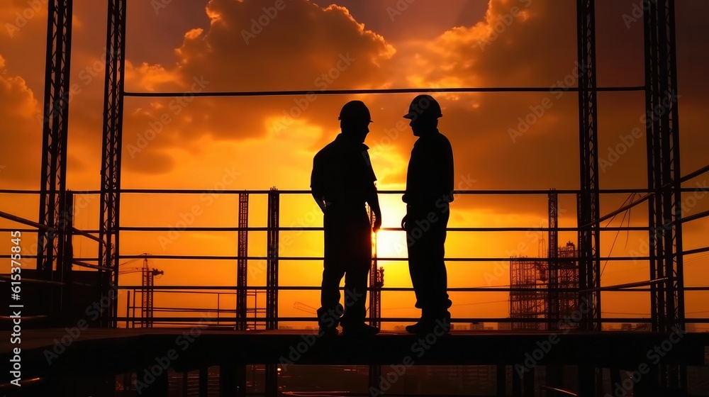 Building workers working on a building under a sunset, Builders at the construction site.