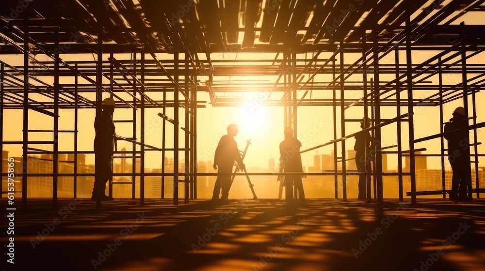 Silhouette group of construction worker are working working on scaffolding in building under constru