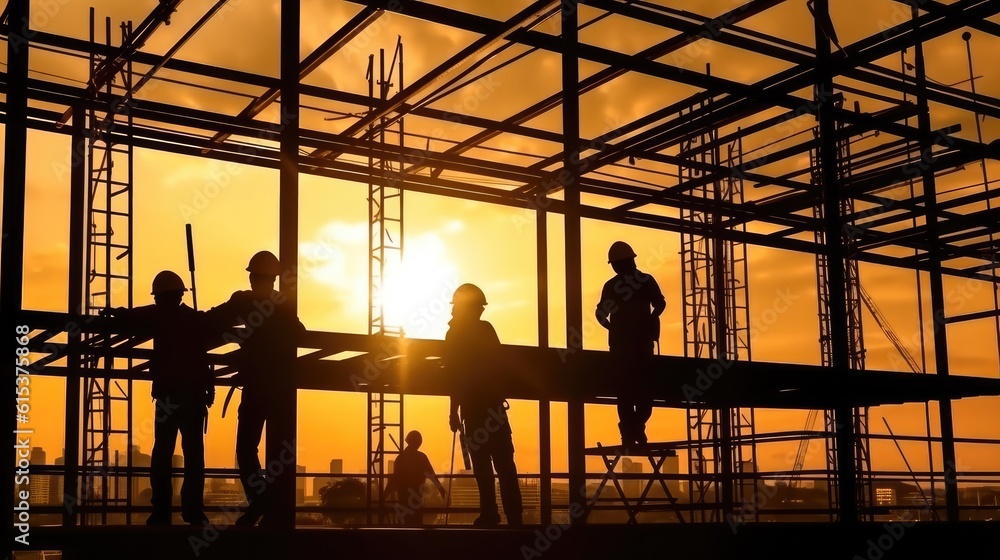 Building workers working on a building under a sunset, Builders at the construction site.