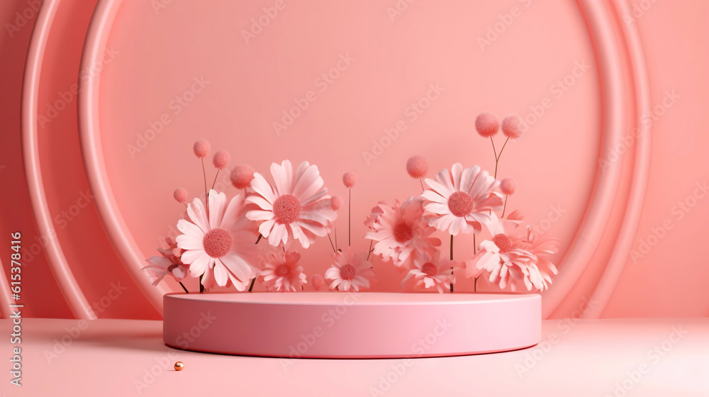 Podium with pink roses on pastel pink background to display products, gift or cosmetics. Generative 