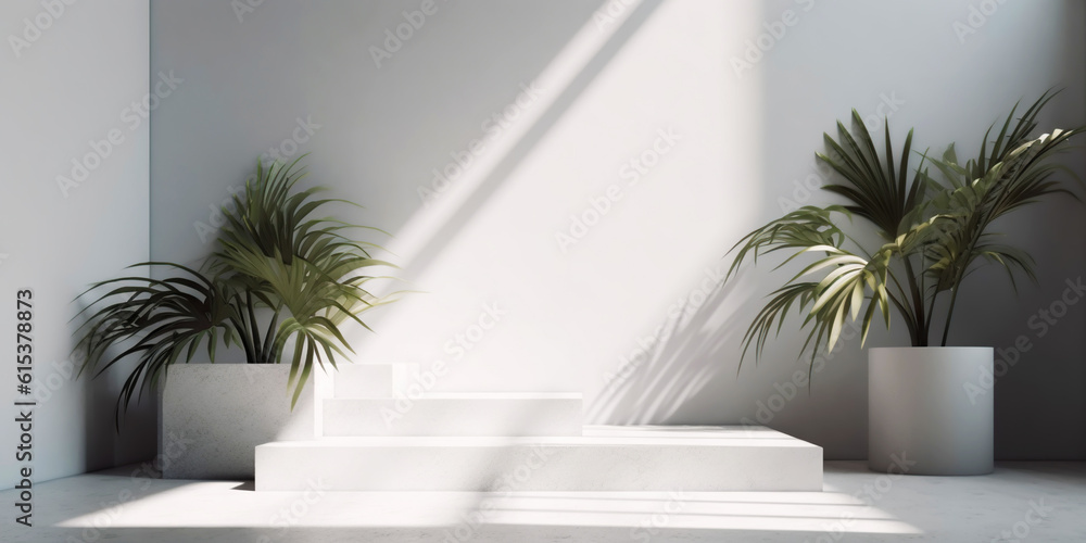 White product display podium with nature palm leaves. Generative AI