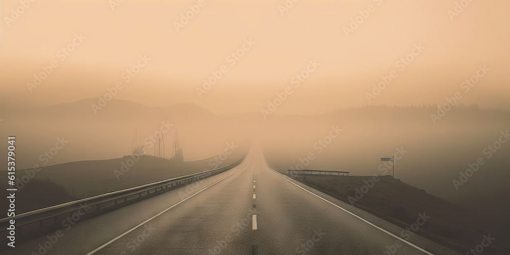 Minimalistic misty empty highway. Foggy road. Mystery travel concept. Generative AI