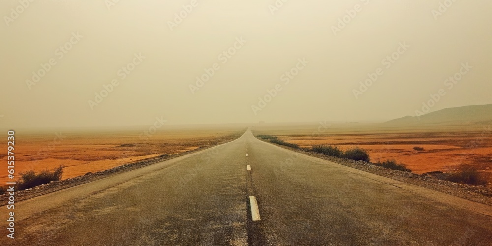 Misty empty road in lowlands. Foggy highway. Mystery travel concept. Generative AI