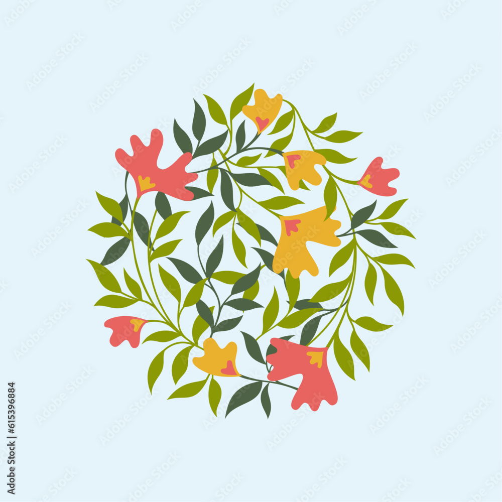 Floral flat circle, flat beautiful flowers scattered in a circle.