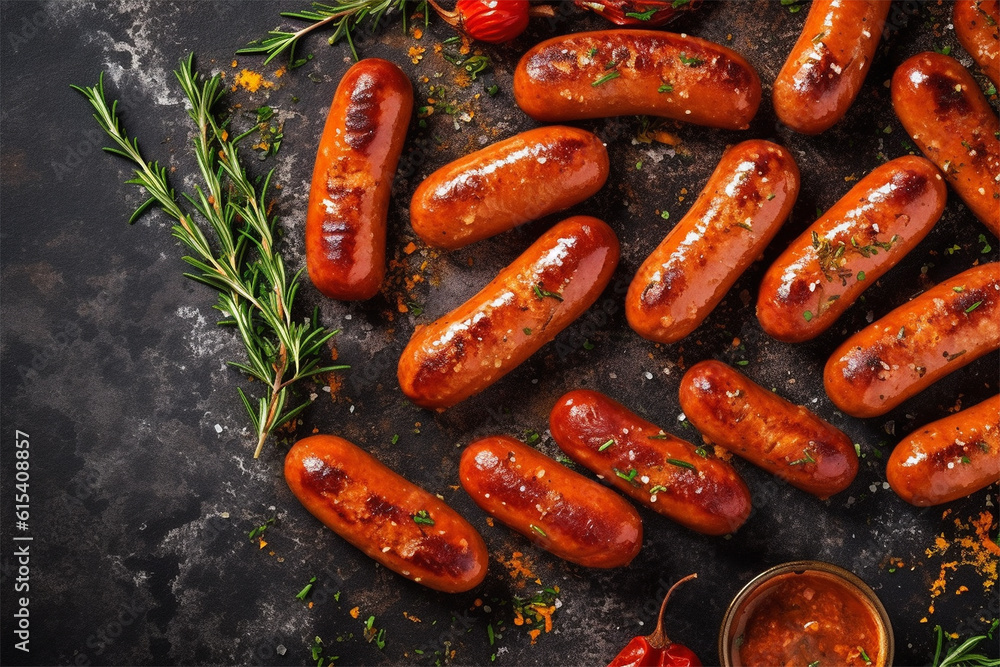 Grilled sausages on concrete background