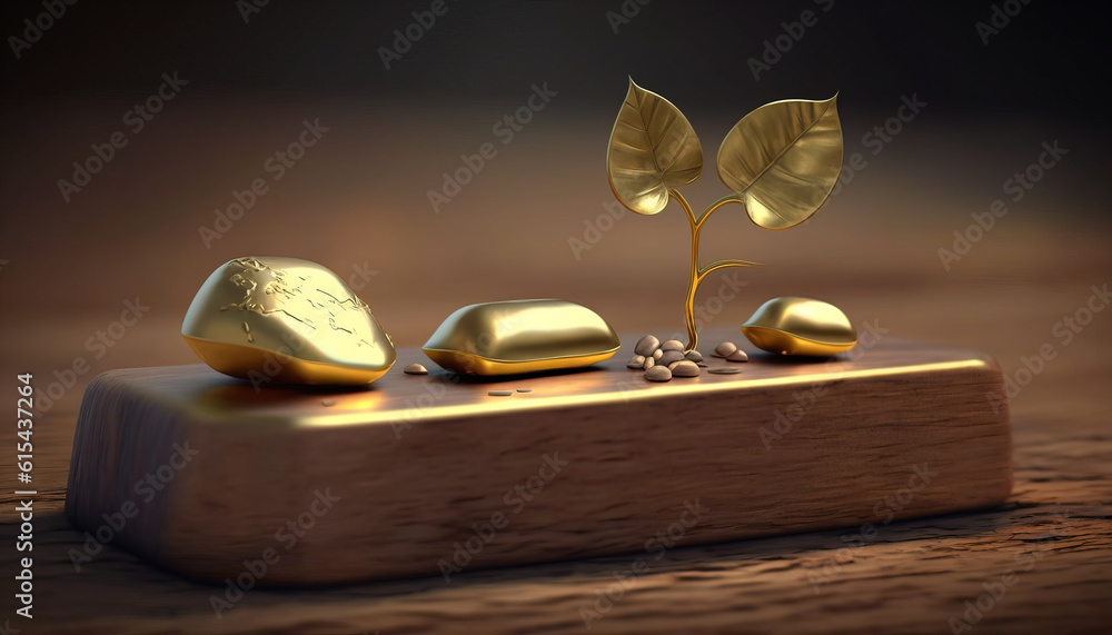 The Power of Investing in Gold: Small Plants Thriving on a Bed of Wealth - ai generated